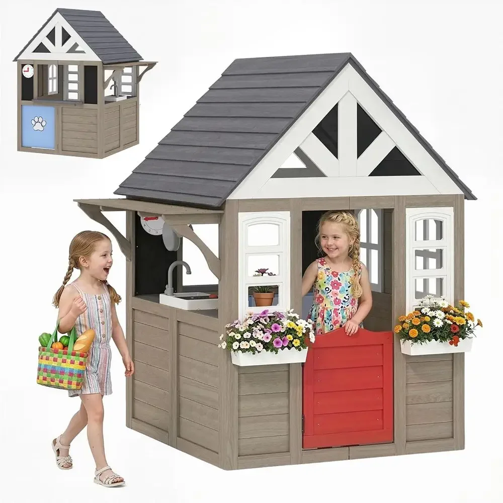 Kids Outdoor Wooden Playhouse - Qaba Outdoor Playhouse, Wooden Kids Playhouse